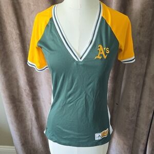 Majestic Athletics Oakland A's Womens V Neck T Shirt Green Gold Small‎ S